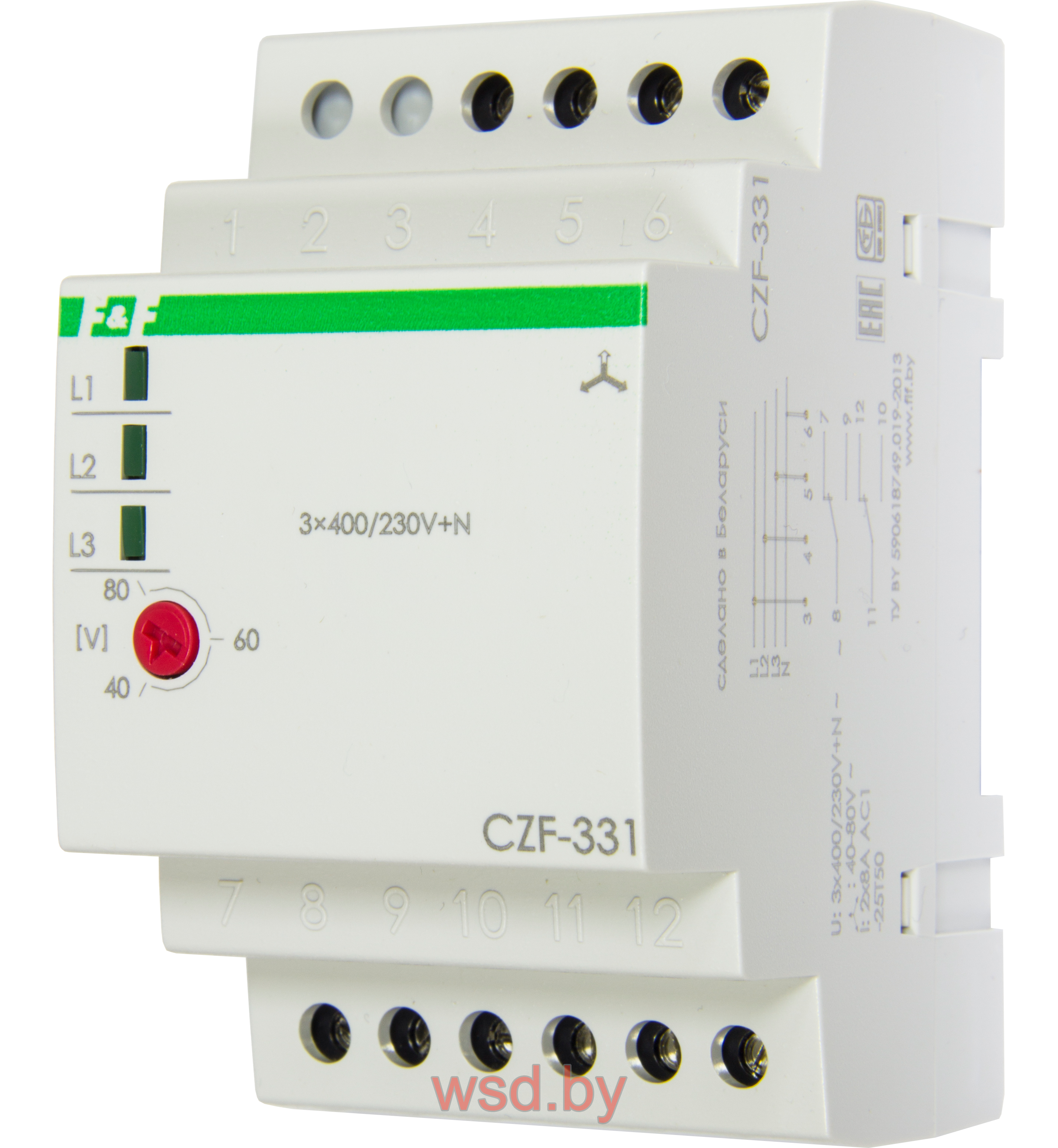 Реле контроля наличия, асимметрии фаз CZF-331, асимметрия регулируемая 40-80 В, минимальное напряжение 160 В, задержка отключения 3-5 с, контакт 2NO/NC.